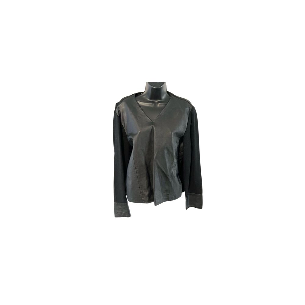 VTG Santa Fe Black Leather V Neck Wool Blend Sweater  Pullover M